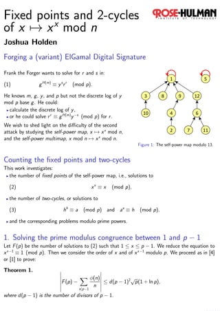 Fixed points and 2-cycles
         x
of x → x mod n
Joshua Holden
Forging a (variant) ElGamal Digital Signature
Frank the Forger wants to solve for r and s in:
                    H(m)     s r
(1)             g          ≡y r       (mod p).

He knows m, g , y , and p but not the discrete log of y
mod p base g . He could:
  calculate the discrete log of y ,
                      r     H(m) −s
  or he could solve r ≡ g       y (mod p) for r .
We wish to shed light on the diﬃculty of the second
                                              x
attack by studying the self-power map, x → x mod n,
                                           x
and the self-power multimap, x mod n → x mod n.
                                                                    Figure 1: The self-power map modulo 13.


Counting the ﬁxed points and two-cycles
This work investigates:
  the number of ﬁxed points of the self-power map, i.e., solutions to
                                                 x
  (2)                                           x ≡x     (mod p),

  the number of two-cycles, or solutions to
                                  h                          a
  (3)                         h ≡a        (mod p) and a ≡ h         (mod p),

  and the corresponding problems modulo prime powers.


1. Solving the prime modulus congruence between 1 and p − 1
Let F (p) be the number of solutions to (2) such that 1 ≤ x ≤ p − 1. We reduce the equation to
  x−1                                                       x−1
x     ≡ 1 (mod p). Then we consider the order of x and of x     modulo p. We proceed as in [4]
or [1] to prove:
Theorem 1.
                                                φ(n)            2√
                             F (p) −                 ≤ d (p − 1) p(1 + ln p),
                                                 n
                                        n|p−1
where d(p − 1) is the number of divisors of p − 1.
 