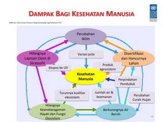 DAMPAK BAGI KESEHATAN MANUSIA 
14 
Hilangnya 
Lapisan Ozon di 
Stratosfir 
Disertifikasi 
dan Hancurnya 
Lahan 
Perubahan 
Iklim 
Ekspos ke UV 
Hilangnya 
Keanekaragaman 
Hayati dan Fungsi 
Ekosistem 
Perpindahan 
Penduduk 
Berkurangnya Air 
Bersih 
Perubahan 
Curah Hujan 
Jumlah air & 
keamanan 
Variasi pola 
Turunnya kualitas 
ekosistem 
Produk 
agrosistem 
Referensi: http://www.climate-change-knowledge.org/civilization.html 
Kesehatan 
Manusia 
 