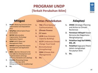 PROGRAM UNDP 
[Terkait Perubahan Iklim] 
Mitigasi 
1. REDD+ (Reducing Emissions from 
Deforestation and Degradation 
plus) 
2. WHyPGen (Wind Hybrid Power 
Generation) 
3. MCTAP (Microturbine 
Cogeneration Technology 
Application Project) 
4. HPMP (HCFC Phase-out 
Management Plan) 
5. IMIDAP (Integrated Microhydro 
Development and Application 
Project) 
6. BRESL (Barriers Removal to the 
Cost-Effective Development and 
Implementation of Energy 
Efficiency Standards and Labeling) 
7. PENHRA (Promoting Energy 
Efficiency for Non HCFC 
Refrigeration and Air Conditioning) 
8. Etc. 
Adaptasi 
1. SPARC (Strategic Planning 
and Action to Climate 
Resilience) 
2. Pemetaan Wilayah Rawan 
Bencana dan Bagaimana 
Menghadapinya 
3. Pelatihan bagi Staf BMKG, 
BIG, dll. 
4. Pelatihan bagi para Petani 
dalam menghadapi 
Perubahan Iklim 
5. Etc. 
20 
Lintas Pendekatan 
1. TNC (Third National 
Communication) 
2. Climate Finance 
3. CC Learn 
4. LECB (Low Emission 
Capacity Building) 
5. ICCTF (Indonesia Climate 
Change Trust Fund) 
6. IS (Institutional 
Strengthening) 
7. CRM (Climate Risk 
Management) 
8. Etc. 
 