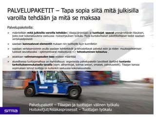 Palvelupaketeilla:
 määritellään mitä julkisilla varoilla tehdään ( tilaaja/järjestäjä) ja tuottajat saavat ymmärrettävän tilauksen,
josta ovat kokonaisuutena vastuussa –tulosohjauksen työkalu. Myös kuntakohtaiset pakettikohtaiset tiedot saadaan
vertailukelpoisesti
 saadaan kannustavat elementit mukaan niin tuottajille kuin kunnillekin
 saadaan vertaisarvioinnin avulla saadaan kehitettävät ja tehostettavat palvelut esiin ja niiden muutosjohtamisen
tulokset seurattavaksi - optimointivarat realisoituvat => tehostuminen toteutuu .
 asiakkaan valinnanvapauden taso voidaan määrittää
 alueellisessa tuottajamallissa on mahdollisuus organisoida palvelupaketin tavoitteet täyttävä tuotanto
tarkoituksenmukaisella tavalla (esim. alihankkijat, kolmas sektori, omaiset, palvelusetelit). Tilaajan kanssa
sopimuksen tehnyt tuottaja on kuitenkin vastuussa kokonaisuudesta.
PALVELUPAKETIT – Tapa sopia siitä mitä julkisilla
varoilla tehdään ja mitä se maksaa
Palvelupaketit – Tilaajan ja tuottajan välinen työkalu
Hoitoketjut/Asiakasprosessit – Tuottajan työkalu
 