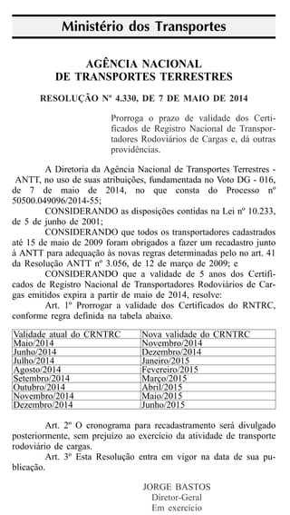 Nº 91, quinta-feira, 15 de maio de 2014 79ISSN 1677-7042
Este documento pode ser verificado no endereço eletrônico http://www.in.gov.br/autenticidade.html,
pelo código 00012014051500084
Documento assinado digitalmente conforme MP no- 2.200-2 de 24/08/2001, que institui a
Infraestrutura de Chaves Públicas Brasileira - ICP-Brasil.
1
PORTARIA No- 60, DE 8 DE MAIO DE 2014
O SUPERINTENDENTE REGIONAL DO TRABALHO E
EMPREGO NO ESTADO DE SÃO PAULO, no uso de suas atri-
buições legais e tendo em conta o que consta no artigo 1º, parágrafo
1º, da Portaria Ministerial N.º 1.095 de 19/05/10, publicada no
D.O.U. de 20/05/10, e considerando o que consta dos autos do pro-
cesso n.º 46255.002067/2013-11 e conceder autorização à empresa:
KSB BOMBAS HIDRÁULICAS S/A, inscrita no CNPJ sob o nº
60.680.873/0001-14, situada à Rua José Rabello Portella, nº 638,
Município de Várzea Paulista, Estado de São Paulo para reduzir o
intervalo destinado ao repouso e à alimentação conforme consta no
acordo coletivo de trabalho, nos termos do que prescreve o parágrafo
3º, do artigo 71, da Consolidação das Leis do Trabalho, vigendo até
31 de dezembro de 2014 a contar da publicação desta, devendo o
respectivo pedido de renovação ser formulado 03 (três) meses antes
do término desta autorização, observados os requisitos do artigo 1º da
referida Portaria Ministerial n.º 1.095/10 com a juntada de relatório
médico resultante do programa de acompanhamento de saúde dos
trabalhadores submetidos a redução do intervalo destinado ao repouso
e à alimentação. Os intervalos a serem observados são conforme fls.
81 e 82 do referido processo. Outrossim, a presente autorização estará
sujeita a cancelamento em caso de descumprimento das exigências
constantes da mencionada Portaria Ministerial, constatada a hipótese
por regular inspeção do trabalho.
LUIZ ANTONIO MEDEIROS
PORTARIA No- 61, DE 8 DE MAIO DE 2014
O SUPERINTENDENTE REGIONAL DO TRABALHO E
EMPREGO NO ESTADO DE SÃO PAULO, no uso de suas atri-
buições legais e tendo em conta o que consta no artigo 1º, parágrafo
1º, da Portaria Ministerial N.º 1.095 de 19/05/10, publicada no
D.O.U. de 20/05/10, e considerando o que consta dos autos do pro-
cesso n.º 46261.003884/2013-15 e conceder autorização à empresa:
GRANEL QUÍMICA LTDA, inscrita no CNPJ sob o nº
44.983.435/0001-79, estabelecida na Área de Tanques, Ilha Barnabé,
Município de Santos, Estado de São Paulo para reduzir o intervalo
destinado ao repouso e à alimentação conforme consta no acordo
coletivo de trabalho, nos termos do que prescreve o parágrafo 3º, do
artigo 71, da Consolidação das Leis do Trabalho, vigendo até 31 de
agosto de 2015 a contar da publicação desta, devendo o respectivo
pedido de renovação ser formulado 03 (três) meses antes do término
desta autorização, observados os requisitos do artigo 1º da referida
Portaria Ministerial n.º 1.095/10 com a juntada de relatório médico
resultante do programa de acompanhamento de saúde dos trabalha-
dores submetidos a redução do intervalo destinado ao repouso e à
alimentação. Os intervalos a serem observados são conforme fls. 7 e
7.v do referido processo. Outrossim, a presente autorização estará
sujeita a cancelamento em caso de descumprimento das exigências
constantes da mencionada Portaria Ministerial, constatada a hipótese
por regular inspeção do trabalho.
LUIZ ANTONIO MEDEIROS
ANEXO II (*)
TERMO DE PARCELAMENTO DE CRÉDITO NÃO INS-
CRITO EM DÍVIDA ATIVA DA EMBRATUR
A EMBRATUR - Instituto Brasileiro de Turismo, com sede
SCN QUADRA 2 BLOCO G - Brasília/DF - CEP 70712-907, do-
ravante denominada simplesmente EMBRATUR, neste ato represen-
tada por seu Diretor de Administração e Finanaças, Sr.____,
CPF_____, e (Nome do Devedor), RG/CPF/CNPJ _____ ,doravante
denominado DEVEDOR, residente e domiciliado/com sede ____(en-
dereço)____, neste ato representada por _____(nome)_____,
______(representação a que título - procurador/sócio-administra-
dor/etc.)______, RG ______, CPF _______, residente e domiciliado
_____(endereço)_____, resolvem celebrar o presente Termo de Par-
celamento, nos termos das cláusulas a seguir.
Cláusula Primeira. O Devedor, renunciando expressamente a
qualquer contestação quanto ao valor e à procedência da dívida,
assume integral responsabilidade pela sua exatidão, ficando, entre-
tanto, ressalvado à EMBRATUR, o direito de apurar, a qualquer
tempo, a existência de outras importâncias devidas e não incluídas
neste termo, ainda que relativas ao mesmo período.
Cláusula Segunda. A dívida constante deste instrumento é
definitiva e irretratável, sendo ressalvado à EMBRATUR o direito de
sua cobrança na hipótese de descumprimento das obrigações assu-
midas pelo DEVEDOR.
Cláusula Terceira. Tendo o DEVEDOR requerido o paga-
mento parcelado da dívida especificada na Cláusula Quinta, com
fundamento no artigo 7º, § 4º, da Lei nº 8.181/91, este lhe é deferido
pelo Diretor de Administração e Finanças da EMBRATUR, em ___
(Nº de parcelas)___(por extenso)___ prestações mensais e sucessi-
vas.
Cláusula Quarta. No acordo de parcelamento formalizado
mediante o presente Termo encontra-se parcelada a dívida discri-
minada conforme o seguinte quadro:
NÚMERO DO
DOCUMENTO
NATUREZA DO
CRÉDITO
PERÍODO
Cláusula Quinta. A Dívida objeto do presente Termo de
Parcelamento foi consolidada em _____________, perfazendo o mon-
tante total de R$ ________ (valor por extenso), sendo que o valor
básico inicial da prestação do parcelamento concedido e aqui acertado
fica definido conforme o quadro abaixo:
Valor em reias
Discriminação do Valor Montante Prestação mensal
Principal
Juros SELIC
Multa
1 % sobre o valor corrigido
pela SELIC
TOTAL
Cláusula Sexta. O vencimento de cada parcela será no dia __
de cada mês.
Cláusula Sétima. O DEVEDOR compromete-se a pagar as
parcelas nas datas de vencimento, por meio de Guia de Recolhimento
da União - GRU, emitida pela EMBRATUR.
Parágrafo único. Eventual não recebimento da GRU não exi-
mirá o DEVEDOR dos efeitos da inadimplência, cabendo-lhe nesse
caso, contatar a Divisão de Convênios da EMBRATUR e solicitar a 2ª
via; ou após obter os dados necessários, imprimir a GRU na página
do Tesouro Nacional (https://consulta.tesouro.fazen-
da.gov.br/gru/gru_simples.asp).
Cláusula Oitava. No caso de não pagamento ou de insu-
ficiência financeira na data do vencimento da prestação, o DEVE-
DOR poderá solicitar à EMBRATUR a emissão de nova guia para
quitação da parcela, com os acréscimos legais incidentes no pe-
ríodo.
Cláusula Nona. O valor de cada prestação mensal, por oca-
sião do pagamento, será acrescido de juros equivalentes à Taxa Re-
ferencial do Sistema Especial de Liquidação e Custódia - SELIC para
títulos federais, acumulada mensalmente, calculados a partir do mês
subsequente ao da consolidação até o mês anterior ao do pagamento,
e de um por cento relativamente ao mês em que o pagamento estiver
sendo efetuado, sendo que estes critérios poderão ser alterados de
acordo com a legislação superveniente;
Cláusula Décima. O DEVEDOR declara-se ciente de que,
para efeito de parcelamento, os débitos nele incluídos foram atua-
lizados mediante a incidência dos demais acréscimos legais devidos
até a data da consolidação, anuindo com o montante apurado.
Cláusula Décima Primeira. Constitui motivo para a rescisão
deste acordo, independentemente de qualquer intimação, notificação
ou interpelação judicial ou extrajudicial: infração de qualquer das
cláusulas deste instrumento; Falta de pagamento de uma parcela,
ainda que pagas todas as demais; e Insolvência ou falência do DE-
VEDOR.
Cláusula Décima Segunda. Este instrumento, em decorrência
da rescisão do acordo, servirá para inscrição do débito em Dívida
Ativa, no todo ou em parte, acrescido de 20% a título de honorários
advocatícios, figurando o gestor, à época, como responsável solidário
pelo débito.
Cláusula Décima Terceira. O DEVEDOR poderá, a qualquer
tempo, durante o período ajustado para a quitação da dívida, solicitar
o pagamento antecipado à vista, no todo ou em parte, do saldo
devedor.
Cláusula Décima Quarta. Havendo a solicitação por parte do
devedor, do pagamento antecipado à vista, no todo ou em parte,
somente poderá ser utilizado para a quitação de parcelas na ordem
inversa do vencimento, sem prejuízo da que for devida no mês de
competência em curso.
Cláusula Décima Quinta. O DEVEDOR se compromete a
informar eventual alteração de seu endereço à EMBRATUR.
E, por estarem assim acertados e de acordo, firmam o pre-
sente Termo de Parcelamento, em 02 (duas) vias de igual teor e
forma, todas assinadas e rubricadas, para um só efeito, na presença
das testemunhas abaixo.
Brasilia-DF, de de .
_________________________________________
(Diretor de Administração e Finanças)
_________________________________________
(DEVEDOR/Representante)
____________________________________
ASSINATURA DA 1ª TESTEMUNHA
Nome: _____________________________
G:_______________________________
CPF:______________________________
Endereço: __________________________
____________________________________
ASSINATURA DA 2ª TESTEMUNHA
Nome: _____________________________
RG:_______________________________
CPF:______________________________
Endereço: __________________________
(*) Republicados por terem saído no DOU de 23-4-2014, Seção 1,
páginas 95 e 96, com incorreção no original.
INSTITUTO BRASILEIRO DE TURISMO
PORTARIA No- 41, DE 22 DE ABRIL DE 2014
(Publicada no DOU de 23-4-2014)
ANEXO I (*)
PEDIDO DE PARCELAMENTO DE CRÉDITO INSCRITO
EM DÍVIDA ATIVA DA EMBRATUR
À Diretoria de Administração e Finanças da EMBRATUR -
Instituto Brasileiro de Turismo,
_____(Nome do Devedor)_____, RG (se houver)
_____,CPF/CNPJ _____, residente e domiciliada/com sede ____(en-
dereço)____, neste ato representada por _____(nome)_____,
_____(representação a que título - procurador/sócio-administra-
dor/etc.)_____, RG_____, CPF______, residente e domiciliado
_____(endereço)_____, requer, com fundamento na Portaria da EM-
BRATUR nº , o Parcelamento de sua dívida constituída do débito
referente ____(Convênio ou Instrumento Similar)____, comunicada
por meio do Ofício____, em ___(Nº de parcelas)_____(por exten-
so)______prestações mensais.
O (A) requerente, ciente de que o deferimento do pedido
ficará condicionado ao pagamento da primeira parcela antecipada e à
assinatura do Termo de Parcelamento de Créditos da EMBRATUR,
requer a emissão de guia referente à parcela antecipada para pa-
gamento no prazo de 05 (cinco) dias a contar do seu recebimento.
Declara-se, também, ciente de que o indeferimento do pedido, pelos
motivos citados, ocorrerá independentemente de qualquer comuni-
cação, ocasionando o prosseguimento da cobrança imediata da dí-
vida.
Nome, telefone e endereço eletrônico para contato:
___________
Local e data: _______________________________
_______________________________
Assinatura do Requerente
Ministério do Turismo
.
AGÊNCIA NACIONAL
DE TRANSPORTES TERRESTRES
RESOLUÇÃO Nº 4.330, DE 7 DE MAIO DE 2014
Prorroga o prazo de validade dos Certi-
ficados de Registro Nacional de Transpor-
tadores Rodoviários de Cargas e, dá outras
providências.
A Diretoria da Agência Nacional de Transportes Terrestres -
ANTT, no uso de suas atribuições, fundamentada no Voto DG - 016,
de 7 de maio de 2014, no que consta do Processo nº
50500.049096/2014-55;
CONSIDERANDO as disposições contidas na Lei nº 10.233,
de 5 de junho de 2001;
CONSIDERANDO que todos os transportadores cadastrados
até 15 de maio de 2009 foram obrigados a fazer um recadastro junto
à ANTT para adequação às novas regras determinadas pelo no art. 41
da Resolução ANTT nº 3.056, de 12 de março de 2009; e
CONSIDERANDO que a validade de 5 anos dos Certifi-
cados de Registro Nacional de Transportadores Rodoviários de Car-
gas emitidos expira a partir de maio de 2014, resolve:
Art. 1º Prorrogar a validade dos Certificados do RNTRC,
conforme regra definida na tabela abaixo.
Validade atual do CRNTRC Nova validade do CRNTRC
Maio/2014 Novembro/2014
Junho/2014 Dezembro/2014
Julho/2014 Janeiro/2015
Agosto/2014 Fevereiro/2015
Setembro/2014 Março/2015
Outubro/2014 Abril/2015
Novembro/2014 Maio/2015
Dezembro/2014 Junho/2015
Art. 2º O cronograma para recadastramento será divulgado
posteriormente, sem prejuízo ao exercício da atividade de transporte
rodoviário de cargas.
Art. 3º Esta Resolução entra em vigor na data de sua pu-
blicação.
JORGE BASTOS
Diretor-Geral
Em exercício
Ministério dos Transportes
.
 