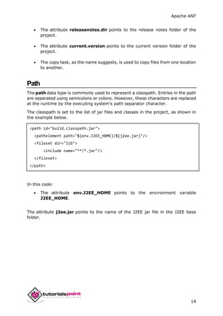 Apache ANT
14
 The attribute releasenotes.dir points to the release notes folder of the
project.
 The attribute current.version points to the current version folder of the
project.
 The copy task, as the name suggests, is used to copy files from one location
to another.
Path
The path data type is commonly used to represent a classpath. Entries in the path
are separated using semicolons or colons. However, these characters are replaced
at the runtime by the executing system's path separator character.
The classpath is set to the list of jar files and classes in the project, as shown in
the example below.
<path id="build.classpath.jar">
<pathelement path="${env.J2EE_HOME}/${j2ee.jar}"/>
<fileset dir="lib">
<include name="**/*.jar"/>
</fileset>
</path>
In this code:
 The attribute env.J2EE_HOME points to the environment variable
J2EE_HOME.
The attribute j2ee.jar points to the name of the J2EE jar file in the J2EE base
folder.
 