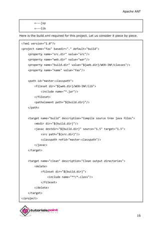 Apache ANT
16
+---jsp
+---lib
Here is the build.xml required for this project. Let us consider it piece by piece.
<?xml version="1.0"?>
<project name="fax" basedir="." default="build">
<property name="src.dir" value="src"/>
<property name="web.dir" value="war"/>
<property name="build.dir" value="${web.dir}/WEB-INF/classes"/>
<property name="name" value="fax"/>
<path id="master-classpath">
<fileset dir="${web.dir}/WEB-INF/lib">
<include name="*.jar"/>
</fileset>
<pathelement path="${build.dir}"/>
</path>
<target name="build" description="Compile source tree java files">
<mkdir dir="${build.dir}"/>
<javac destdir="${build.dir}" source="1.5" target="1.5">
<src path="${src.dir}"/>
<classpath refid="master-classpath"/>
</javac>
</target>
<target name="clean" description="Clean output directories">
<delete>
<fileset dir="${build.dir}">
<include name="**/*.class"/>
</fileset>
</delete>
</target>
</project>
 