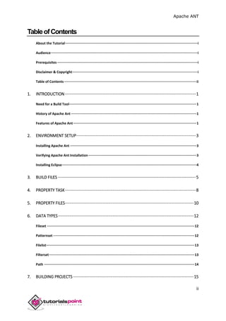 Apache ANT
ii
TableofContents
About the Tutorial····································································································································i
Audience··················································································································································i
Prerequisites············································································································································i
Disclaimer & Copyright·····························································································································i
Table of Contents····································································································································ii
1. INTRODUCTION···················································································································1
Need for a Build Tool·······························································································································1
History of Apache Ant ·····························································································································1
Features of Apache Ant···························································································································1
2. ENVIRONMENT SETUP·········································································································3
Installing Apache Ant ······························································································································3
Verifying Apache Ant Installation············································································································3
Installing Eclipse······································································································································4
3. BUILD FILES ·························································································································5
4. PROPERTY TASK···················································································································8
5. PROPERTY FILES·················································································································10
6. DATA TYPES·······················································································································12
Fileset ···················································································································································12
Patternset ·············································································································································12
Filelist····················································································································································13
Filterset·················································································································································13
Path ······················································································································································14
7. BUILDING PROJECTS··········································································································15
 