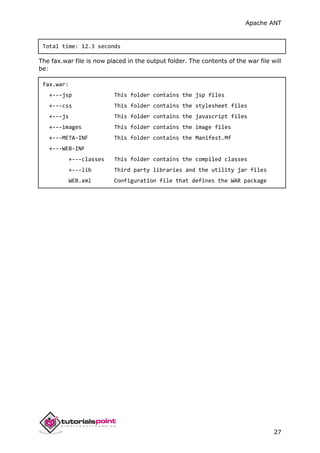 Apache ANT
27
Total time: 12.3 seconds
The fax.war file is now placed in the output folder. The contents of the war file will
be:
fax.war:
+---jsp This folder contains the jsp files
+---css This folder contains the stylesheet files
+---js This folder contains the javascript files
+---images This folder contains the image files
+---META-INF This folder contains the Manifest.Mf
+---WEB-INF
+---classes This folder contains the compiled classes
+---lib Third party libraries and the utility jar files
WEB.xml Configuration file that defines the WAR package
 