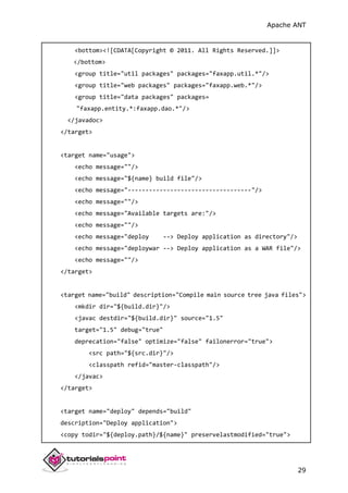 Apache ANT
29
<bottom><![CDATA[Copyright © 2011. All Rights Reserved.]]>
</bottom>
<group title="util packages" packages="faxapp.util.*"/>
<group title="web packages" packages="faxapp.web.*"/>
<group title="data packages" packages=
"faxapp.entity.*:faxapp.dao.*"/>
</javadoc>
</target>
<target name="usage">
<echo message=""/>
<echo message="${name} build file"/>
<echo message="-----------------------------------"/>
<echo message=""/>
<echo message="Available targets are:"/>
<echo message=""/>
<echo message="deploy --> Deploy application as directory"/>
<echo message="deploywar --> Deploy application as a WAR file"/>
<echo message=""/>
</target>
<target name="build" description="Compile main source tree java files">
<mkdir dir="${build.dir}"/>
<javac destdir="${build.dir}" source="1.5"
target="1.5" debug="true"
deprecation="false" optimize="false" failonerror="true">
<src path="${src.dir}"/>
<classpath refid="master-classpath"/>
</javac>
</target>
<target name="deploy" depends="build"
description="Deploy application">
<copy todir="${deploy.path}/${name}" preservelastmodified="true">
 