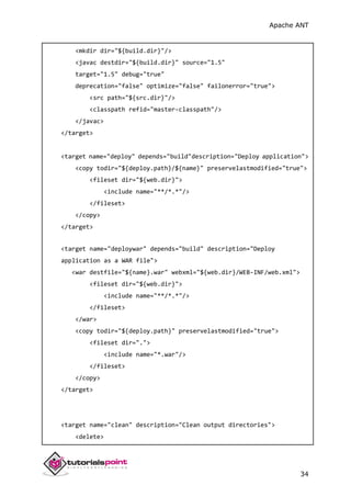 Apache ANT
34
<mkdir dir="${build.dir}"/>
<javac destdir="${build.dir}" source="1.5"
target="1.5" debug="true"
deprecation="false" optimize="false" failonerror="true">
<src path="${src.dir}"/>
<classpath refid="master-classpath"/>
</javac>
</target>
<target name="deploy" depends="build"description="Deploy application">
<copy todir="${deploy.path}/${name}" preservelastmodified="true">
<fileset dir="${web.dir}">
<include name="**/*.*"/>
</fileset>
</copy>
</target>
<target name="deploywar" depends="build" description="Deploy
application as a WAR file">
<war destfile="${name}.war" webxml="${web.dir}/WEB-INF/web.xml">
<fileset dir="${web.dir}">
<include name="**/*.*"/>
</fileset>
</war>
<copy todir="${deploy.path}" preservelastmodified="true">
<fileset dir=".">
<include name="*.war"/>
</fileset>
</copy>
</target>
<target name="clean" description="Clean output directories">
<delete>
 