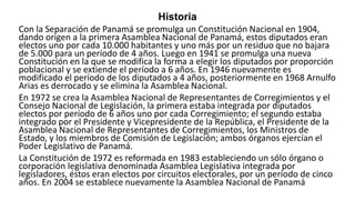 Historia
Con la Separación de Panamá se promulga un Constitución Nacional en 1904,
dando origen a la primera Asamblea Nacional de Panamá, estos diputados eran
electos uno por cada 10.000 habitantes y uno más por un residuo que no bajara
de 5.000 para un período de 4 años. Luego en 1941 se promulga una nueva
Constitución en la que se modifica la forma a elegir los diputados por proporción
poblacional y se extiende el período a 6 años. En 1946 nuevamente es
modificado el período de los diputados a 4 años, posteriormente en 1968 Arnulfo
Arias es derrocado y se elimina la Asamblea Nacional.
En 1972 se crea la Asamblea Nacional de Representantes de Corregimientos y el
Consejo Nacional de Legislación, la primera estaba integrada por diputados
electos por período de 6 años uno por cada Corregimiento; el segundo estaba
integrado por el Presidente y Vicepresidente de la República, el Presidente de la
Asamblea Nacional de Representantes de Corregimientos, los Ministros de
Estado, y los miembros de Comisión de Legislación; ambos órganos ejercían el
Poder Legislativo de Panamá.
La Constitución de 1972 es reformada en 1983 estableciendo un sólo órgano o
corporación legislativa denominada Asamblea Legislativa integrada por
legisladores, éstos eran electos por circuitos electorales, por un período de cinco
años. En 2004 se establece nuevamente la Asamblea Nacional de Panamá
 