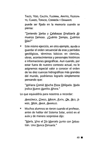 TALCO, YESO, CALCITA, FLUORINA, APATITO, FELDESPA-
ro, CUARZO, TOPACIO, CORINDÓN y DIAMANTE
puede ser fijado en la memoria cuando se
piensa:
'Teniendo yerba y .calabazas finalizaría Al-
muerzo famoso. ¿.cuánto liempo, .cuántos
.Qías?"
~ Este mismo ejercicio, en otro ejemplo, ayuda a
guardar el orden secuencial de eras y períodos
geológicos, términos básicos en ciencias,
obras, acontecimientos y personajes históricos
e informaciones geográficas. Aun cuando, por
estar fuera de nuestro contexto actual, no le
asignemos especial valor a conocer el orden
de las diez cuencas hidrográficas más grandes
del mundo, podríamos lograrlo simplemente
pensando que:
"Adriana .comió Mucha fizza Qbligada. Nada
Indica Nuevo Apetito Ahora."
Lo que equivaldría para nosotros a recordar:
AMAZÓNICA, .cONGO, MlSISIPI, Jj.ATA, .QBI, 1:JJLO, lE-
NISEI, MGER, AMUR, AMARILLO.
~ Muchos alumnos se rieron cuando el profesor,
antes de hablar del Sistema Solar, entró en el
aula y de manera sorpresiva dijo:
"María, Y:ino el lío Marcelo lunto con ~ebas-
tián. Uno Nunca fensaría."
49 •
 