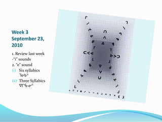 Week 3
September 23,
2010
1. Review last week
-“i” sounds
2. “e” sound
(i) Six syllabics
ᒣᓂᑲᐣ
(ii) Three Syllabics
ᐁᒥᐦᑳᐧᓂᐢ
 