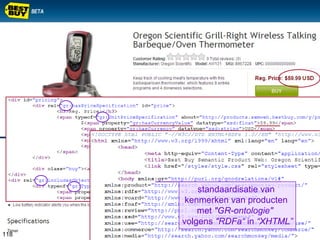standaardisatie van
kenmerken van producten
met "GR-ontologie"
volgens "RDFa“ in “XHTML”
118
 