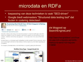 microdata en RDFa
• toepassing van deze technieken is vaak "SEO-driven"
• Google biedt webmasters "Structured data testing tool" dat
fouten in codering detecteert
zie blogpost op
SearchEngineLand
http://searchengineland.com/how
-to-use-rich-snippets-semantic-
markup-to-send-rich-signals-
139886
123 Eric Sieverts, IBW-UA, 4-4-2014
 
