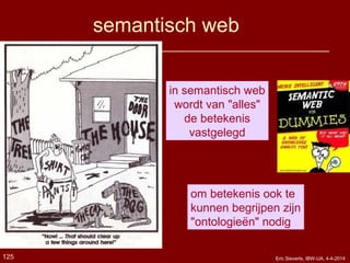 in semantisch web
wordt van "alles"
de betekenis
vastgelegd
semantisch web
om betekenis ook te
kunnen begrijpen zijn
"ontologieën" nodig
125 Eric Sieverts, IBW-UA, 4-4-2014
 