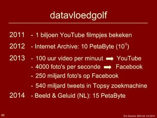 datavloedgolf
2011 - 1 biljoen YouTube filmpjes bekeken
2012 - Internet Archive: 10 PetaByte (10
16
)
2013 - 100 uur video per minuut YouTube
- 4000 foto's per seconde Facebook
- 250 miljard foto's op Facebook
- 540 miljard tweets in Topsy zoekmachine
2014 - Beeld & Geluid (NL): 15 PetaByte
40 Eric Sieverts, IBW-UA, 4-4-2014
 