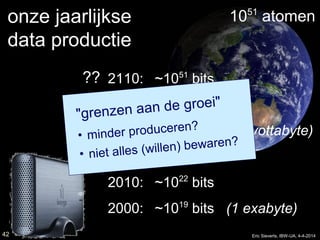1051
atomen
2110: ~1051
bits
2024: ~1026
bits (10 yottabyte)
2010: ~1022
bits
2000: ~1019
bits (1 exabyte)
onze jaarlijkse
data productie
??
exponentiële
groei blijft
voortduren ?
42
"grenzen aan de groei"
• minder produceren?
• niet alles (willen) bewaren?
Eric Sieverts, IBW-UA, 4-4-2014
 