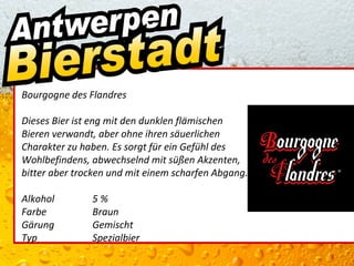 Bourgogne des Flandres

Dieses Bier ist eng mit den dunklen flämischen
Bieren verwandt, aber ohne ihren säuerlichen
Charakter zu haben. Es sorgt für ein Gefühl des
Wohlbefindens, abwechselnd mit süßen Akzenten,
bitter aber trocken und mit einem scharfen Abgang.

Alkohol        5%
Farbe          Braun
Gärung         Gemischt
Typ            Spezialbier
 