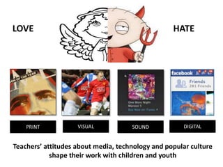 LOVE HATE
PRINT VISUAL SOUND DIGITAL
Teachers’ attitudes about media, technology and popular culture
shape their work with children and youth
 