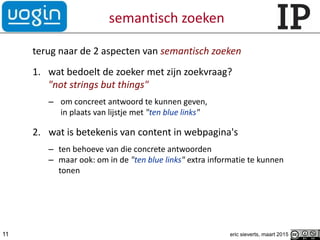 semantisch zoeken
terug naar de 2 aspecten van semantisch zoeken
1. wat bedoelt de zoeker met zijn zoekvraag?
"not strings but things"
– om concreet antwoord te kunnen geven,
in plaats van lijstje met "ten blue links"
2. wat is betekenis van content in webpagina's
– ten behoeve van die concrete antwoorden
– maar ook: om in de "ten blue links" extra informatie te kunnen
tonen
eric sieverts, maart 201511
 