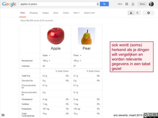 36 eric sieverts, maart 2015
ook wordt (soms)
herkend als je dingen
wilt vergelijken en
worden relevante
gegevens in een tabel
gezet
 