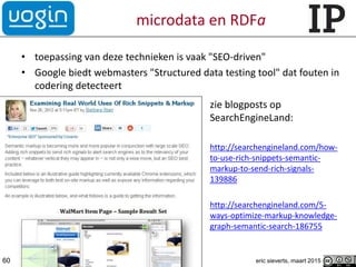 microdata en RDFa
• toepassing van deze technieken is vaak "SEO-driven"
• Google biedt webmasters "Structured data testing tool" dat fouten in
codering detecteert
zie blogposts op
SearchEngineLand:
http://searchengineland.com/how-
to-use-rich-snippets-semantic-
markup-to-send-rich-signals-
139886
http://searchengineland.com/5-
ways-optimize-markup-knowledge-
graph-semantic-search-186755
eric sieverts, maart 201560
 