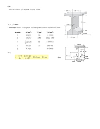 7–12.
Determine the internal normal force, shear force, and the
moment at points C and D.
SOLUTION
Support Reactions: FBD (a).
a
Internal Forces: Applying the equations of equilibrium to segment AC [FBD (b)],
we have
Ans.
Ans.
a
Ans.
Applying the equations of equilibrium to segment BD [FBD (c)], we have
Ans.
Ans.
a
Ans.MD = 16.5 kN # m
8.485132 - 611.52 - MD = 0+ ©MD = 0;
VD + 8.485 - 6.00 = 0 VD = -2.49 kN+ c ©Fy = 0;
ND = 0:+ ©Fx = 0;
MC = 4.97 kN # m
MC - 3.515 cos 45°122 = 0+ ©MC = 0;
3.515 sin 45° - NC = 0 NC = 2.49 kNa+©Fy¿ = 0;
3.515 cos 45° - VC = 0 VC = 2.49 kNQ+ ©Fx¿ = 0;
:+ ©Fx = 0 Ax = 0
Ay + 8.485 - 12.0 = 0 Ay = 3.515 kN+ c ©Fy = 0;
By = 8.485 kN
By 16 + 6 cos 45°2 - 12.013 + 6 cos 45°2 = 0+ ©MA = 0;
2 kN/m
3 m 3 m
B
D
C
A
6 m
2 m
45˚
 