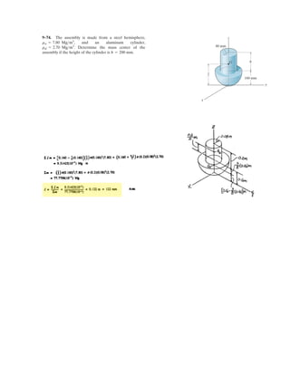 7–24.
SOLUTION
Free body Diagram: The support reactions at A need not be computed.
Internal Forces: Applying equations of equilibrium to segment BC, we have
Ans.
Ans.
a
Ans.MC = -302 kN # m
-24.011.52 - 12.0142 - 40 sin 60°16.32 - MC = 0+ ©MC = 0;
VC = 70.6 kN
VC - 24.0 - 12.0 - 40 sin 60° = 0+ c ©Fy = 0;
-40 cos 60° NC = 0 NC = -20.0 kN:+ ©Fx = 0;
Determine the internal normal force, shear force, and
bending moment at point C.
A
3 m 3 m
0.3 m
C
B
8 kN/m
40 kN
3 m
60°
-
 