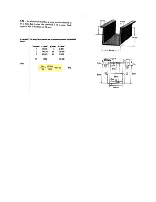 7– . Determine the internal normal force, shear force, and
moment at point C in the simply supported beam. Point C is
located just to the right of the 1500-lb ft couple moment.–
BA
C
500 lb/ft
1500 lb и ft
6 ft
30Њ
6 ft
FB = 3608.44 kN
2.5 kN·m
2.5 kN·m
2 m 2 m
10 kN/m
2 m 2 m
1 m 1 m
10 (2) kN10 (4) kN
located just to the right of the 2.5 kN·m couple moment.
Writing the moment equation of equilibrium about point A with reference to Fig. a,
‫ۍ‬
+ΣMA = 0; FB cos 30° (4) – 10 (4) (2) – 2.5 = 0 FB = 23.816 kN
Using the result of FB and referring to Fig. b,
+
→ ΣFx = 0; –NC – 23.816 sin 30° = 0 NC = –11.908 kN Ans.
+↑ΣFy = 0; VC + 23.816 cos 30° – 10 (2) = 0 VC = –0.625 kN Ans.
‫ۍ‬
+ΣMC = 0; 23.816 cos 30° (2) – 10 (2) (1) – MC = 0 MC = 21.25 kN·m Ans.
The negative sign indicates that NC and VC act in the opposite sense to that shown on the free – body
diagram.
82
 