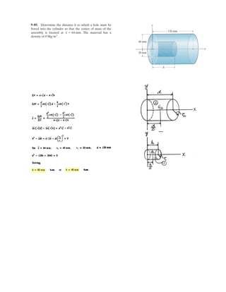 7–35.
0.5 m
800 N
1 m
1 m
1 m
1 m
0.5 m
0.5 m
0.25 m
A B
C
D
E
F
G
H
Determine the internal normal force, shear force, and
bending moment at points E and F of the frame.
SOLUTION
Support Reactions: Members HD and HG are two force members. Using method of
joint [FBD (a)], we have
From FBD (b),
a (1)
From FBD (c),
a (2)
Solving Eqs. (1) and (2) yields,
Internal Forces: Applying the equations of equilibrium to segment DE [FBD (d)],
we have
Ans.
Ans.
a Ans.
Applying the equations of equilibrium to segment CF [FBD (e)], we have
Ans.
Ans.
a
Ans.MF = 224 N # m
MF + 894.4310.52 - 500 cos 26.57°11.52 = 0+©MF = 0;
NF - 500 sin 26.57° = 0 NF = – 224 N+©Fy¿ = 0;
VF = 447 N
VF + 500 cos 26.57° - 894.43 = 0+Q©Fx¿ = 0;
ME = 0+©ME = 0;
894.43 - NE = 0 NE = 894 N+©Fy¿ = 0;
VE = 0+ ©Fx¿ = 0;
Cy = 0 Cx = 500 N
894.43112 - Cx 12 cos 26.57°2 + Cy 12 sin 26.57°2 = 0+©MA = 0;
Cx 12 cos 26.57°2 + Cy 12 sin 26.57°2 - 894.43112 = 0+©MA = 0;
FHD = FHG = F = 894.43 N
2F sin 26.57° - 800 = 0+ c ©Fy = 0;
FHD = FHG = F
:+ ©Fx = 0 FHG cos 26.57° - FHD cos 26.57° = 0
Q
QQ
-
 