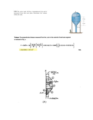 7–40.
SOLUTION
Resultants of distributed load:
At ,
Ans.
Ans.
a
Ans.M = 1.23 r2
w0
+©Mo = 0; -M + r2
w0 (p)a
120°
180°
b + (-0.866 r w0)r = 0
V = -1.5 rw0
+a©Fy¿ = 0; V + 1.5 r w0 sin 30° + 0.86603 r w0 cos 30° = 0
N = -0.866 r w0
+b©Fx¿ = 0; N + 1.5 r w0 cos 30° - 0.86603 r w0 sin 30° = 0
FRy = r w0 sin 120° = 0.86603 r w0
FRx = r w0 (1 - cos 120°) = 1.5 r w0
u = 120°
MRo =
L
u
0
w0 (r du) r = r2
w0u
FRy =
L
u
0
w0 (r du) cos u = r w 0 (sin u) `
u
0
= r w0 (sin u)
FRx =
L
u
0
w0 (r du) sinu = r w0(-cos u) `
u
0
= r w0 (1 - cosu)
The semicircular arch is subjected to a uniform distributed
load along its axis of per unit length. Determine the
internal normal force, shear force, and moment in the arch
at .u = 120°
w0
O
r
w0
u
 