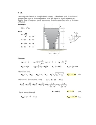 7–64.
Draw the shear and moment diagrams for the beam.
SOLUTION
The free-body diagram of the beam’s segment sectioned through an arbitrary point
shown in Fig. b will be used to write the shear and moment equations. The
magnitude of the resultant force of the parabolic distributed loading and the
location of its point of application are given in the inside back cover of the book.
Referring to Fig. b, we have
(1)
a (2)
The shear and moment diagrams shown in Figs. c and d are plotted using Eqs. (1)
and (2), respectively. The location at which the shear is equal to zero can be
obtained by setting in Eq. (1).
The value of the moment at x = 0.630L is evaluated using Eq. (2).
Mƒx=0.630L =
w0
12L2
cL3
(0.630L) - (0.630L)4
d = 0.0394w0L2
x = 0.630L0 =
w0
12L2
aL3
- 4x3
b
V = 0
M +
1
3
¢
w0
L2
x2
≤(x)¢
x
4
≤ -
w0L
12
x = 0 M =
w0
12L2
aL3
x - x4
b+©M = 0;
V =
w0
12L2
aL3
- 4x3
b
w0L
12
-
1
3
a
w0
L2
x2
bx - V = 0+ c ©Fy = 0;
A B
C
w0
w
x
w0
––
L2w ϭ x2
L––
2
L––
2
 