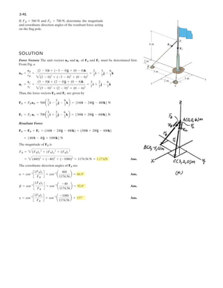 2-
Determine the magnitude and coordinate direction angles of F3 so that the resultant of the three
forces acts along the positive y axis and has magnitude F.
Given:
F 600
F1 180 N
F2 300 N
D1 30 deg
D2 40 deg
Solution:
Initial guesses:
D 40 deg J 50 deg
E 50 deg F3 45 N
Given
FRx = 6Fx; 0 F1 F2 cos D1  