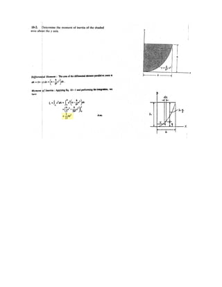 7 6
The quarter circular rod lies in the horizontal
plane and supports a vertical force P at its
end. Determine the magnitudes of the
components of the internal shear force,
moment, and torque acting in the rod as a
function of the angle T.
Solution:
6Fz = 0; V P
6Mx = 0; M P rcos T  