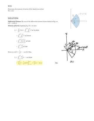 7 84.
Draw the shear and moment diagrams for
the beam.
Units Used:
kN 10
3
N
Given:
w1 20
kN
m
 w2 10
kN
m
 a 1.5m
Solution:
x 0 0.01 a˜ a
V x( ) w2 x˜ w1
x
a
˜
§
¨
©
·
¸
¹
x
2
˜
ª
«
¬
º
»
¼
1
kN
˜ M x( ) w2 x˜
x
2
˜ w1
x
a
˜
§
¨
©
·
¸
¹
x
2
˜
x
3
˜
ª
«
¬
º
»
¼
1
kN m˜
˜
0 0.2 0.4 0.6 0.8 1 1.2 1.4
0
2
4
Distance (m)
Force(kN)
V x( )
x
m
0 0.2 0.4 0.6 0.8 1 1.2 1.4
0
2
4
Distance (m)
Moment(kN-m)
M x( )
x
m
–
 