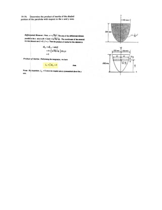 7–9 Determine the tension in each segment of the
cable and the cable’s total length. Set .P = 80 lb
P
A
B
C
D
2 ft
3 ft
50 lb
5 ft
4 ft3 ft
0.6 m
1.5 m
0.9 m1.2 m0.9 m
250 N
0.9 m 1.2 m
0.9 m
250 N
250 N
Ax = 210.112 kN
Ay = 314.763 kN
TBD = 390.935 kN
400 N
cable and the cable’s total length. Set P = 400 N.
From FBD (a)
‫ۍ‬
+ΣMA = 0; TBD cos 59.04° (0.9) + TBD sin 59.04° (2.1)
– 250 (2.1) – 400 (0.9) = 0
TBD = 390.935 N = 390.9 N Ans.
+
→ ΣFx = 0; 390.935 cos 59.04° – Ax = 0
Ax = 210.112 N
+↑ΣFy = 0; Ay + 390.935 sin 59.04° – 400 – 250 = 0
Ay = 314.763 N
Joint A :
+
→ ΣFx = 0; TAC cos ␾ – 210.112 = 0 (1)
+↑ΣFy = 0; –TAC sin ␾ + 314.763 = 0 (2)
Solving Eqs. (1) and (2) yields :
␾ = 56.28°
TAC = 378.4 N Ans.
Joint D :
+
→ ΣFx = 0; 390.935 cos 59.04° – TCD cos ␪ = 0 (3)
+↑ΣFy = 0; 390.935 sin 59.04° – TCD sin ␪ – 250 = 0 (4)
Solving Eqs. (3) and (4) yields :
␪ = 22.97°
TCD = 218.4 N Ans.
Total length of the cable:
lT =
1.5
sin 59.04°
+
1.2
cos 22.97°
+
0.9
cos 56.28°
= 4.674 m Ans.
4.
 