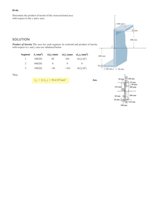 7–9 . The cable supports the three loads shown. Determine
the sags and of points B and D. Take
P2 = 250 lb.
P1 = 400 lb,yDyB 4 ft
12 ft 20 ft 15 ft 12 ft
A
E
B
C
D
yB yD
14 ft
P2 P2
P1
1.2 m
4.2 m
3.6 m 6 m 4.5 m 3.6 m
the sags yB and yD of points B and D. Take P1 = 2000 N,
P2 = 1250 N.
1250 N
6
3.6
4.2 – yD4.2 – yB
yD + 1.2
4.2 – yD
2000 N
1250 N
3.6
4.5
4.53.6
yB
4.2 – yB
At B
+
→ ΣFx = 0;
6
(4.2 – ) + 362
yB
TBC –
3.6
+ 12.962
yB
TAB = 0
+↑ΣFy = 0; –
4.2 –
(4.2 – ) + 362
y
y
B
B
TBC +
y
y
B
B
2
+ 12.96
TAB – 1250 = 0
9.6 – 15.12
(4.2 – ) + 362
y
y
B
B
TBC = 4500 (1)
At C
+
→ ΣFx = 0;
4.5
(4.2 – ) + 20.252
yD
TCD –
6
(4.2 – ) + 362
yB
TBC = 0
+↑ΣFy = 0;
4.2 –
(4.2 – ) + 20.252
y
y
D
D
TCD +
4.2 –
(4.2 – ) + 362
y
y
B
B
TBC – 2000 = 0
–6 + 44.1 – 4.5
(4.2 – ) + 362
y y
y
D B
B
TBC = 9000 (2)
–6 + 44.1 – 4.5
(4.2 – ) + 20.252
y y
y
D B
D
TCD = 12000 (3)
At D
+
→ ΣFx = 0;
3.6
(1.2 + ) + 12.962
yD
TDg –
4.5
(4.2 – ) + 20.252
yD
TCD = 0
+↑ΣFy = 0;
1.2 +
(1.2 + ) + 12.962
y
y
D
D
TDg –
4.2 –
(4.2 – ) + 20.252
y
y
D
D
TCD – 1250 = 0
–9.72 + 8.1
(4.2 – ) + 20.252
y
y
D
D
TCD = 4500 (4)
Combining Eqs. (1)  (2)
23.7yB + 6yD = 74.34
Combining Eqs. (3)  (4)
13.5yB + 82.8yD = 210.06
yB = 2.602 m Ans.
yD = 2.113 m Ans.
7
 