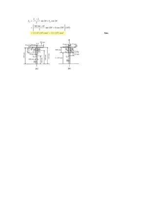 7–103. Determine the maximum uniform distributed
load the cable can support if the maximum tension the
cable can sustain is 4000 lb.
w0
A
w0
B
25 ft
10 ft
15 ft
7.5 m
3 m
4.5 m
4.5 m
7.5 – x
3 m
cable can sustain is 20 kN.
Use the equations of Example 7.12.
y =
w
FH
0
2
x2
4.5 =
w
FH
0
2
x2
3 =
w
FH
0
2
(7.5 – x)2
x2
4.5
=
1
3
(7.5 – x)2
x2
= 1.5 (56.26 – 15x + x2
)
0.5x2
– 22.5x + 84.375 = 0
Choose root  7.5 m
x = 4.1288 m
FH =
w
y
0
2
x2
=
w0
2 (4.5)
(4.1288)2
= 1.89411 w0
Maximum tension occurs at B since the slope y of the cable is greatest there.
y =
w
FH
0
2
x2
dy
dx
|x = 4.1288
= tan ␪max =
w x
FH
0
=
w0
(4.1288)
1.89411
␪max = 65.36°
Tmax =
FH
max
cos ␪
20 =
1.89411
cos 65.36°
w0 = 4.40 kN/m Ans.
 