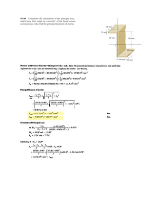 7–110.
If the pipe has a mass per unit length of 1500 kg m,
determine the minimum tension developed in the cable.
SOLUTION
As shown in Fig. a, the origin of the x, y coordinate system is set at the lowest point
of the cable. Here, . Using Eq. 7–12,
we can write
Applying the boundary condition at x = 0, results in c1= 0.
Applying the boundary condition y = 0 at x = 0 results in c2 = 0. Thus,
Applying the boundary condition y = 3 m at x = 15 m, we have
Substituting this result into Eq. (1), we have
The minimum tension occurs at the lowest point of the cable, where . Thus,
Tmin = FH = 551.81(103
) N = 552 kN
u = 0°
dy
dx
= 0.02667x
FH = 551.81(103
) N3 =
7.3575(103
)
FH
(15)2
y =
7.3575(103
)
FH
x2
dy
dx
= 0
=
1
FH
a
14.715(103
)
2
x2
+ c1x + c2b
y =
1
FH L
a
L
w0dxbdx
w(x) = w0 = 1500(9.81) = 14.715(103
) Nm
 30 m
3 m
A B
Ans.
 