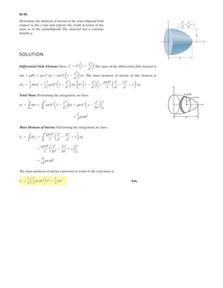 7–116.
The cable is suspended between the supports
and . If the cable can sustain a maximum tension of
and the maximum sag is , determine the
maximum distance between the supports
SOLUTION
The origin of the x, y coordinate system is set at the lowest point of the cable. Here
Using Eq. (4) of Example 7–13,
Applying the boundary equation m at we have
The maximum tension occurs at either points A or B where the cable makes the
greatest angle with the horizontal. From Eq. (1),
By referring to the geometry shown in Fig. b, we have
Thus,
(3)
Solving Eqs. (2) and (3) yields
Ans.
FH = 1205.7 N
L = 16.8 m
1500 = FH cosh¢
49.05L
FH
≤
Tmax =
FH
cos umax
cos umax =
1
A
1 + sinh2
¢
49.05L
FH
≤
=
1
cosh ¢
49.05L
FH
≤
tan umax = sinh ¢
49.05L
FH
≤
3 =
FH
98.1
Bcosh ¢
49.05L
FH
≤ - 1R
x =
L
2
,y = 3
y =
FH
98.1
Bcosh ¢
98.1x
FH
≤ - 1R
y =
FH
w0
Bcosh ¢
w0
FH
x≤ - 1R
w0 = 10(9.81) Nm = 98.1 Nm.
L
3 m1.5 kN
B
A10 kgm
A B
L
3 m
 