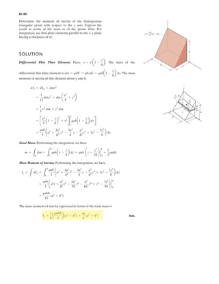 7 1
A cable of length L is suspended between two points a distance d apart and at the same elevation.
If the minimum tension in the cable is Tmin, determine the total weight of the cable and the
maximum tension developed in the cable.
Units Used: MN 10
3
kN
Given: L 50 m˜ d 15 m˜ Tmin 200 kN˜
Tmin FH= FH Tmin FH 200kNSolution:
From Example 7-15: s
FH
w0
sinh
w0 x˜
FH
§
¨
©
·
¸
¹
˜=
Guess w0 1
kN
m

Given
L
2
FH
w0
sinh
w0
FH
d
2
˜
§
¨
©
·
¸
¹
˜= w0 Find w0  