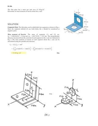 7–127.
SOLUTION
Support Reactions: From FBD (a),
a
Free body Diagram: The FBD for segment AC sectioned through point C is drawn.
Internal Forces: This problem requires . Summing moments about point
C [FBD (b)], we have
a
Ans.a = 0.366L
2a2
+ 2aL - L2
= 0
+©MC = 0;
wa
2
a
a
4
b +
w
4
(L - a) c
1
6
(2a + L) d -
w
4
(L + a)a
a
2
b = 0
MC = 0
+©MC = 0;
w
2
(L + a) a
a
2
b - By (a) = 0 By =
w
4
(L + a)
Determine the distance a between the supports in terms of
the beam’s length L so that the moment in the symmetric
beam is zero at the beam’s center.
L
a
w
 