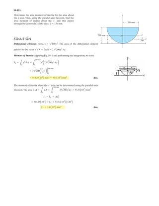 7–132.
SOLUTION
Performing the integration yields:
(1)
From Eq. 7-14
At
(2)
Applying boundary conditions at ; to Eq. (1) and using the result
yields . Hence
(3)
Substituting Eq. (3) into (2) yields:
(4)
Performing the integration
Applying boundary conditions at ; yields . Therefore
At
By trial and error
At . From Eq. (4)
Ans.Tmax =
FH
cos umax
=
75.25
cos 11.346°
= 76.7 kN
tan umax =
dy
dx
2
x=30 m
= sinha
0.5(30)
75.25
b umax = 11.346°
x = 30 m; u = umax
FH = 75.25 kN
x = 30 m; y = 3 m; 3 =
FH
0.5
ccosha
0.5
FH
(30)b - 1d
y =
FH
0.5
ccosha
0.5
FH
xb - 1d
C3 = -
FH
0.5
y = 0x = 0
y =
FH
0.5
cosha
0.5
FH
xb + C3
dy
dx
= sinha
0.5x
FH
b
s =
FH
0.5
sinha
0.5
FH
xb
C2 = 0
C1 = 0s = 0x = 0
dy
dx
= tan u =
0.5s
FH
s = 0;
dy
dx
= 0 hence C1 = 0
dy
dx
=
1
FH
(0.5s + C1)
dy
dx
=
1
FH L
w0 ds
x =
FH
0.5
bsin h-1
B
1
FH
(0.5s + C1)R + C2 r
x =
L
ds
e1 +
1
F2
H L
(w0 ds)2
f
1
2
A chain is suspended between points at the same elevation
and spaced a distance of 60 m apart. If it has a weight per
unit length of and the sag is 3 m, determine the
maximum tension in the chain.
0.5 kNm
30 m 30 m
 