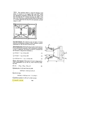 7–137.
The traveling crane consists of a 5-m-long beam having a
uniform mass per unit length of 20 kg/m. The chain hoist
and its supported load exert a force of 8 kN on the beam
when . Draw the shear and moment diagrams for
the beam. The guide wheels at the ends A and B exert only
vertical reactions on the beam. Neglect the size of the
trolley at C.
x = 2 m
SOLUTION
Support Reactions: From FBD (a),
a
Shear and Moment Functions: For
Ans.
a
Ans.
For
Ans.
a
Ans.M = {16.0 - 2.71x - 0.0981x2
} kN # m
+©M = 0; 3.6905(5 - x) -
20(9.81)
1000
(5 - x)a
5 - x
2
b - M = 0
V = {-0.196x - 2.71} kN
+ c©Fy = 0; V + 3.6905 -
20(9.81)
1000
(5 - x) = 0
2 m 6 x … 5 m [FBD (c)],
M = {5.29x - 0.0981x2
} kN # m
+©M = 0; M + 0.1962xa
x
2
b - 5.2905x = 0
V = {5.29 - 0.196x} kN
+ c©Fy = 0; 5.2905 - 0.1962x - V = 0
0 … x 6 2 m [FBD (b)],
+ c©Fy = 0; Ay + 3.6905 - 8 - 0.981 = 0 Ay = 5.2905 kN
+©MA = 0; By (5) - 8(2) - 0.981(2.5) = 0 By = 3.6905 kN
x 2 m
A
C
5 m
8 kN
B
 
