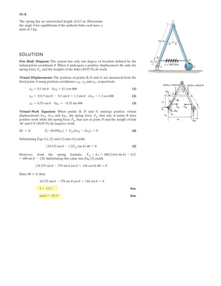 7 138.
Draw the shear and moment diagrams
for the beam.
Units Used: kN 10
3
N
Given:
w 3
kN
m
F 10 kN
L 6 m
Solution:
V x( ) w L x( ) F 0
V x( ) w L x( ) F[ ]
1
kN
M x( ) w L x( )
L x
2
§
¨
©
·
¸
¹
 F L x( ) 0
M x( ) w
L x( )
2
2
F L x( )
ª
«
¬
º
»
¼
1
kN m˜
0 1 2 3 4 5 6
0
20
40
Distance (m)
Force(kN)
V x( )
x
0 1 2 3 4 5 6
150
100
50
0
Distance (m)
Moment(kN-m)
M x( )
x
Ans.
Ans.
–
 
