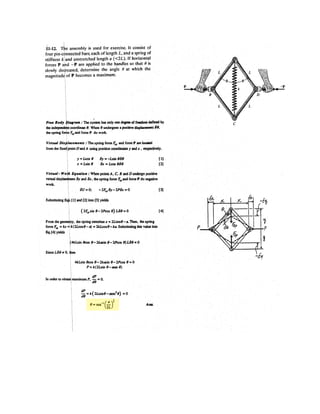 8–7.
SOLUTION
To hold lever:
a
Require
Lever,
a
a) Ans.
b) Ans.P = 70 N 7 39.8 N Yes
P = 30 N 6 39.8 N No
PReqd. = 39.8 N
+©MA = 0; PReqd. (0.6) - 111.1(0.2) - 33.333(0.05) = 0
NB =
33.333 N
0.3
= 111.1 N
+©MO = 0; FB (0.15) - 5 = 0; FB = 33.333 N
The block brake consists of a pin-connected lever and
friction block at B.The coefficient of static friction between
the wheel and the lever is and a torque of
is applied to the wheel. Determine if the brake can hold
the wheel stationary when the force applied to the lever is
(a) (b) P = 70 N.P = 30 N,
5 N # mms = 0.3,
200 mm 400 mm
P
150mm
O
B
A
5 N m
50 mm
 