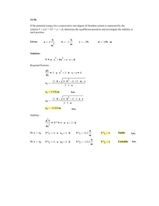 8–12.
If a torque of is applied to the flywheel,
determine the force that must be developed in the hydraulic
cylinder CD to prevent the flywheel from rotating. The
coefficient of static friction between the friction pad at B
and the flywheel is .
SOLUTION
Free-BodyDiagram: First we will consider the equilibrium of the flywheel using the
free-body diagram shown in Fig. a. Here, the frictional force must act to the left to
produce the counterclockwise moment opposing the impending clockwise rotational
motion caused by the couple moment. Since the wheel is required to be on
the verge of slipping, then . Subsequently, the free-body
diagram of member ABC shown in Fig. b will be used to determine FCD.
Equations of Equilibrium: We have
a
Using this result,
a
Ans.FCD = 3050 N = 3.05 kN
FCD sin 30°(1.6) + 0.4(2500)(0.06) - 2500(1) = 0+©MA = 0;
NB = 2500 N0.4 NB(0.3) - 300 = 0+©MO = 0;
FB = msNB = 0.4 NB
300 N # m
FB
ms = 0.4
M = 300 N # m
30Њ
0.6 m
60 mm
0.3 m M ϭ 300 Nиm
A
D
B
C
1 m
O
 