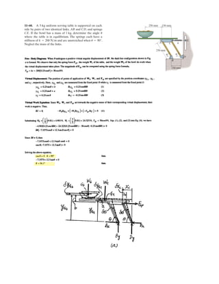 8–16. If the coefficient of static friction between the collars
A and B and the rod is , determine the maximum
angle for the system to remain in equilibrium, regardless of
the weight of cylinder D. Links AC and BC have negligible
weight and are connected together at C by a pin.
u
ms = 0.6
D
C
A B
u u
15Њ15Њ
 