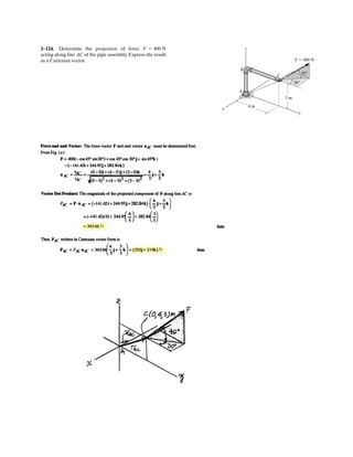 2– . Determine the magnitude and coordinate
direction angles of F2 so that the resultant of the two forces
acts along the positive x axis and has a magnitude of 500 N.
y
x
z
F1 ϭ 180 N
F2
60Њ
15Њ
b2
a2
g2
82
.
.
.
.
 