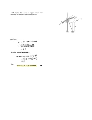 2–85.
The pole is subjected to the force F which has components
and . If , determine the
magnitudes of F and Fy.
b = 75°Fz = 1.25 kNFx = 1.5 kN
SOLUTION
Ans.
Ans.Fy = 2.02 cos 75° = 0.523 kN
F = 2.02 kN
a
1.5
F
b
2
+ cos2
75° + a
1.25
F
b
2
= 1
cos2
a + cos2
b + cos2
g = 1
z
Fz
Fy
Fx
F
y
x
a
b
g
 