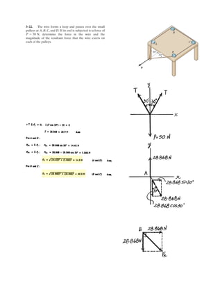 2–114.
Determine the angle between the sides of the triangular
plate.
u
SOLUTION
Ans.u = 74.219° = 74.2°
u = cos-1
rAC
# rAB
rACrAB
= cos-1 5
15.0990213.60562
rAC
# rAB = 0 + 4122 + 1-12132 = 5
rAB = 21222
+ 1322
= 3.6056 m
rAB = 52 j + 3 k6 m
rAC = 21322
+ 1422
+ 1-122
= 5.0990 m
rAC = 53 i + 4 j - 1 k6 m y
x
A
C
B
z
1 m
4 m
3 m
3 m
1 m
5 m
θ
 