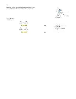 2–5.
SOLUTION
Ans.
Ans.F1v = 160 N
F1v
sin 30°
=
300
sin 110°
F1u = 205 N
F1u
sin 40°
=
300
sin 110°
Resolve the force into components acting along the u and
v axes and determine the magnitudes of the components.
F1
u
v
70
30
45
F1 300 N
F2 500 N
 